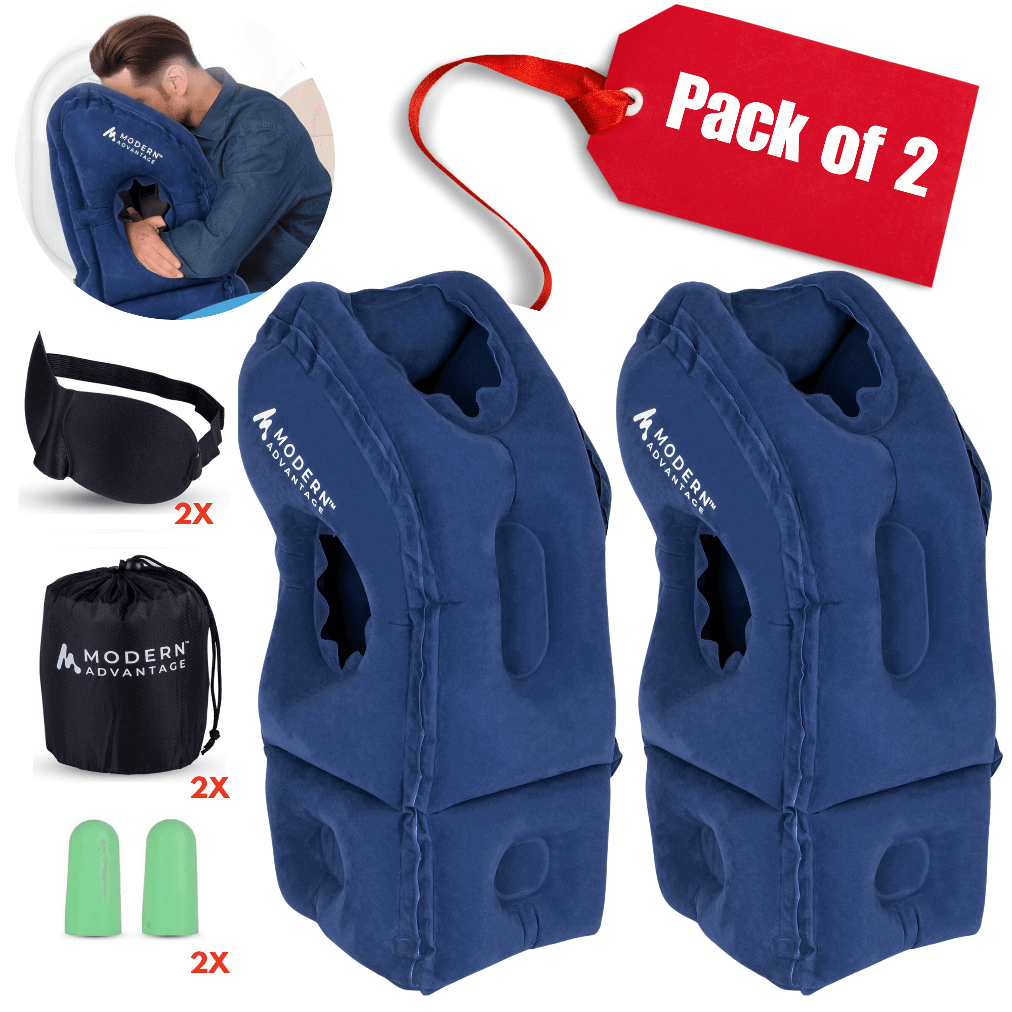 Inflatable Travel Pillow 1.0 Pack of 2 (BLUE) - Modern Advantage