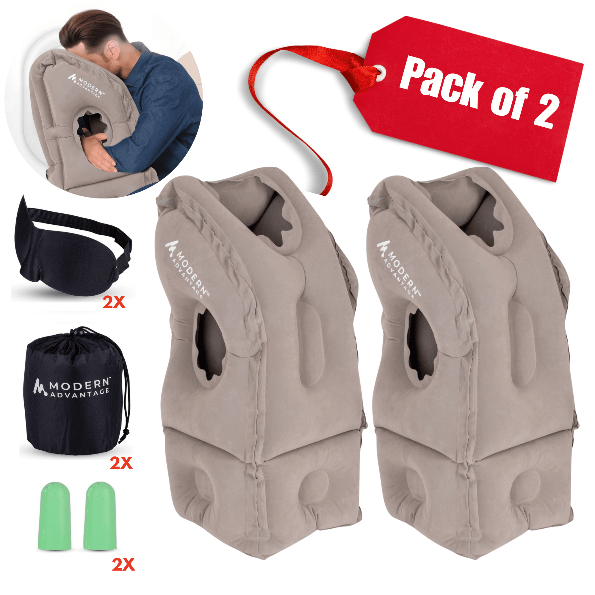 Inflatable Travel Pillow 1.0 Pack of 2 (GREY) - Modern Advantage